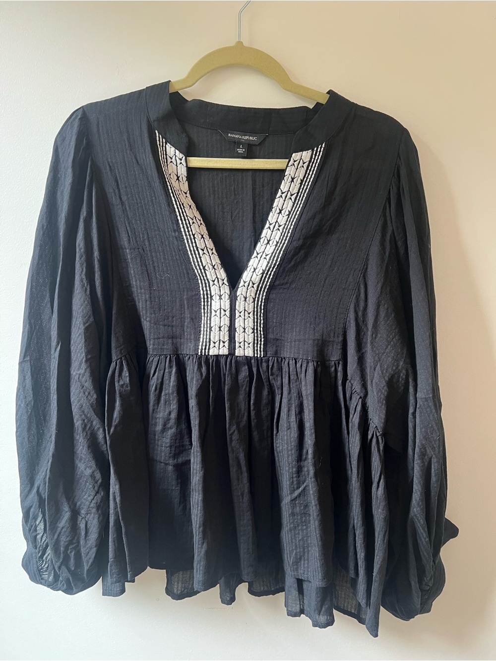 Banana Republic Black Peasant Blouse with White Embroidered Trim